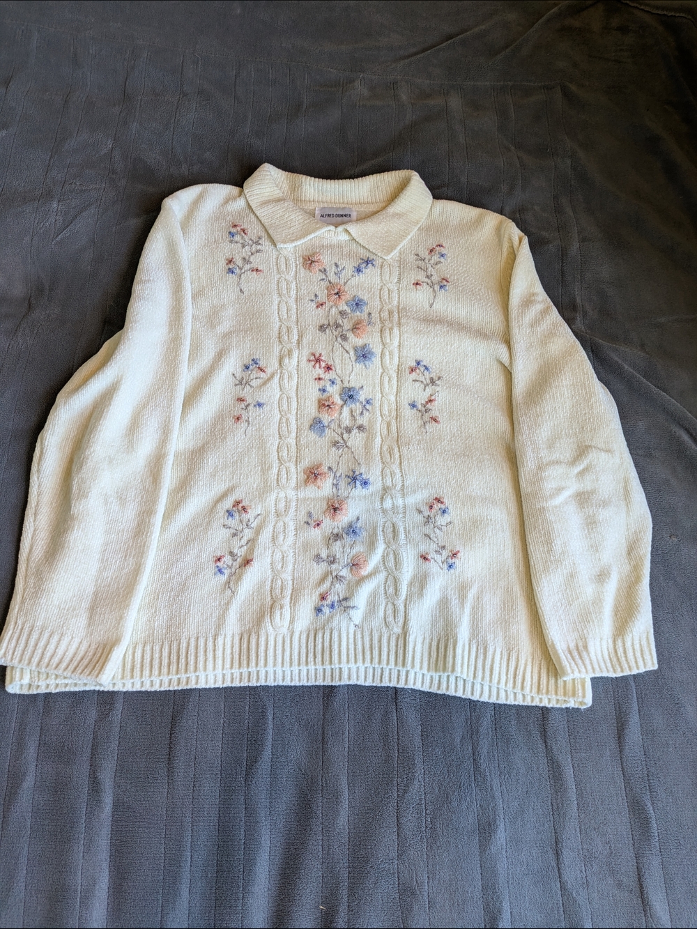 Alfred Dunner Cream Collared Floral Embroidered Sweater